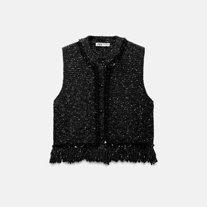 Zara Black and White Tweed Vest with Sequins